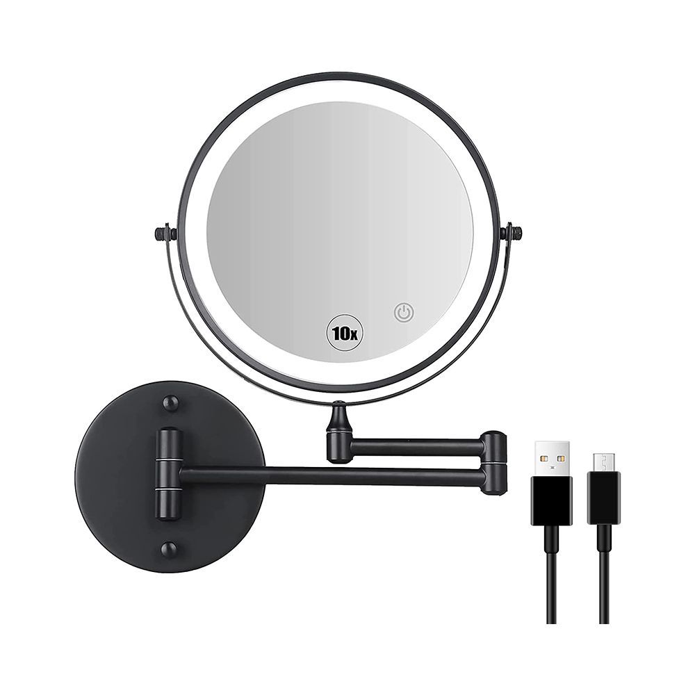 Rechargeable Wall Mounted LED Makeup Mirror 8 Inches Double Sided 10X Magnification Bathroom Mirror with 3 Color Lights Touch Screen Dimmable 360° Swivel Extendable LED Shave Mirror for Bathroom Hotel