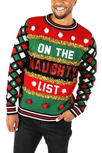 Mens Naughty or Nice Reversible Sequin Ugly Christmas Sweater Bright Funny Pullover Size Medium