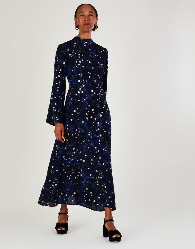 Astrid Foil Print Midi Dress in Sustainable Viscose Blue