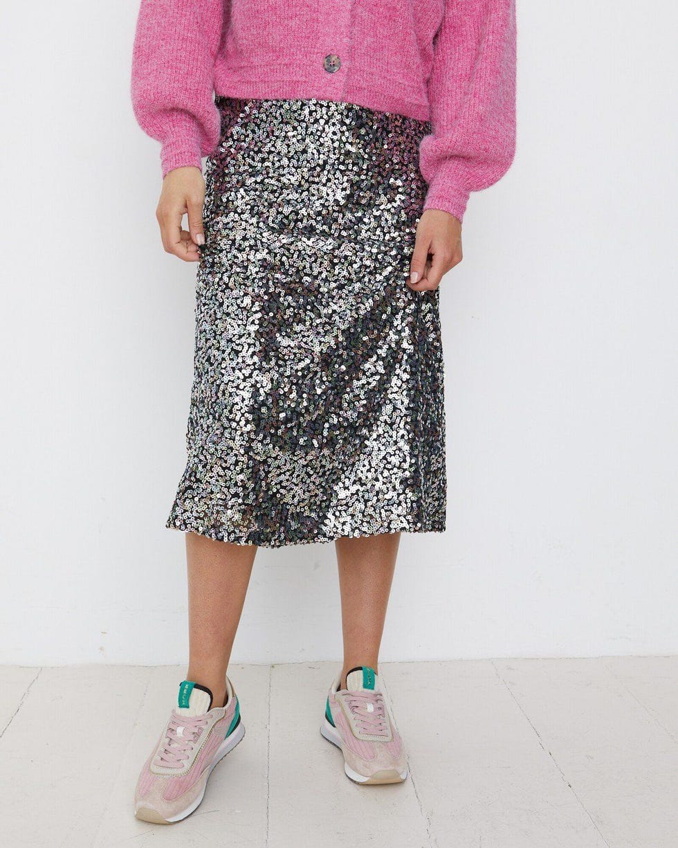 Metallic Sequinned Silver Midi Skirt