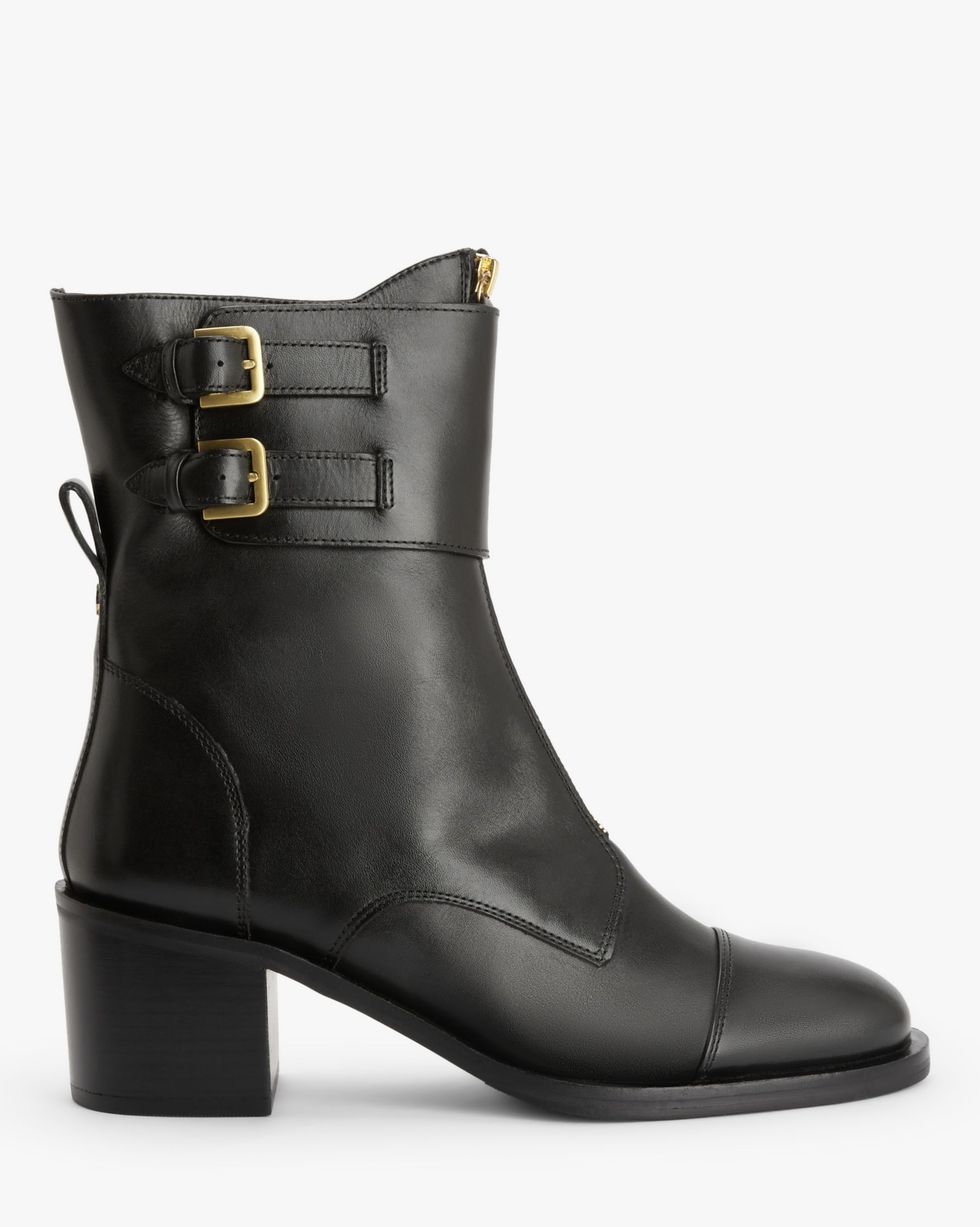Pisa Leather Buckle Detail Ankle Boots, Black