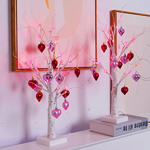Lighted Birch Trees with Heart-Shaped Ornaments (2-Pack)