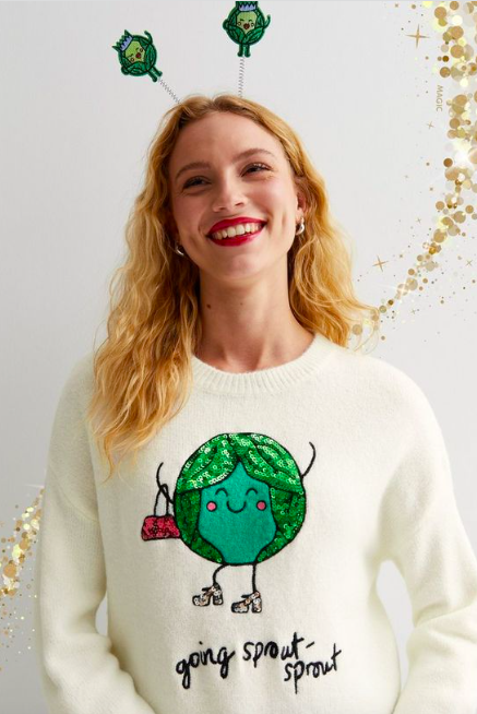 Off White Sequin Embellished Going Sprout Christmas Jumper