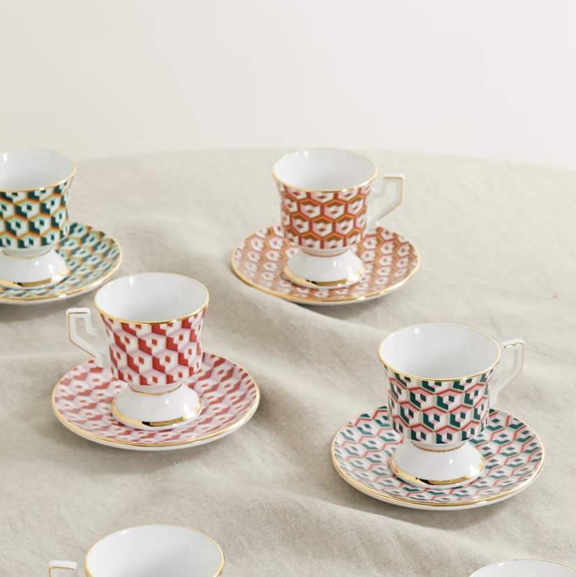 Gold-plated Porcelain Espresso Cups and Saucers