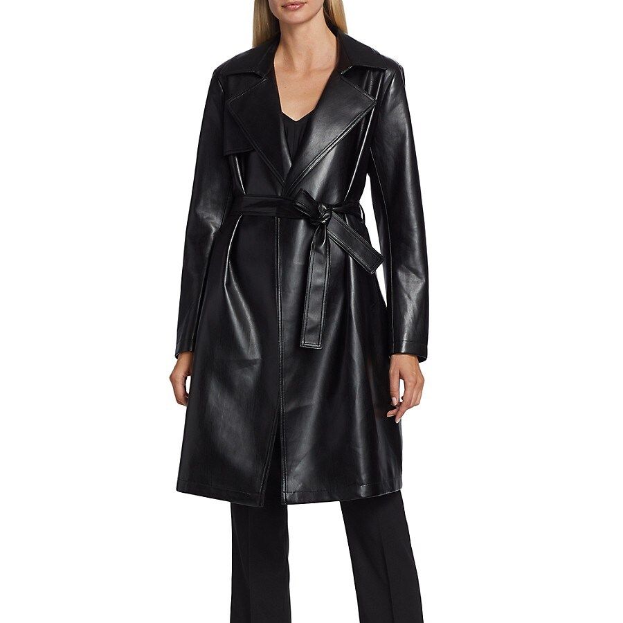 Women's Vegan Leather Belted Coat - Noir - Size XL