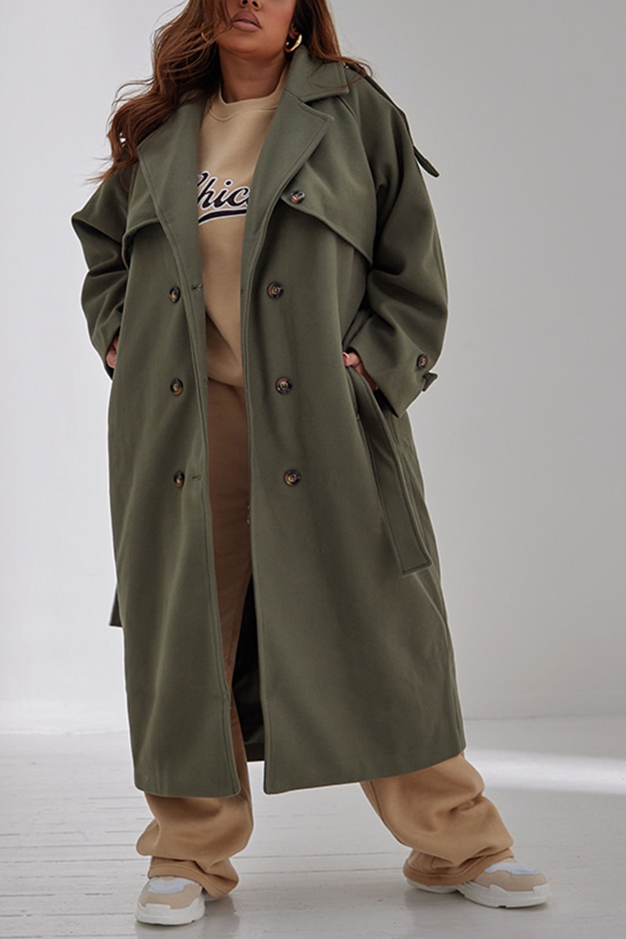 Oversized Double Breasted Military Trim Coat