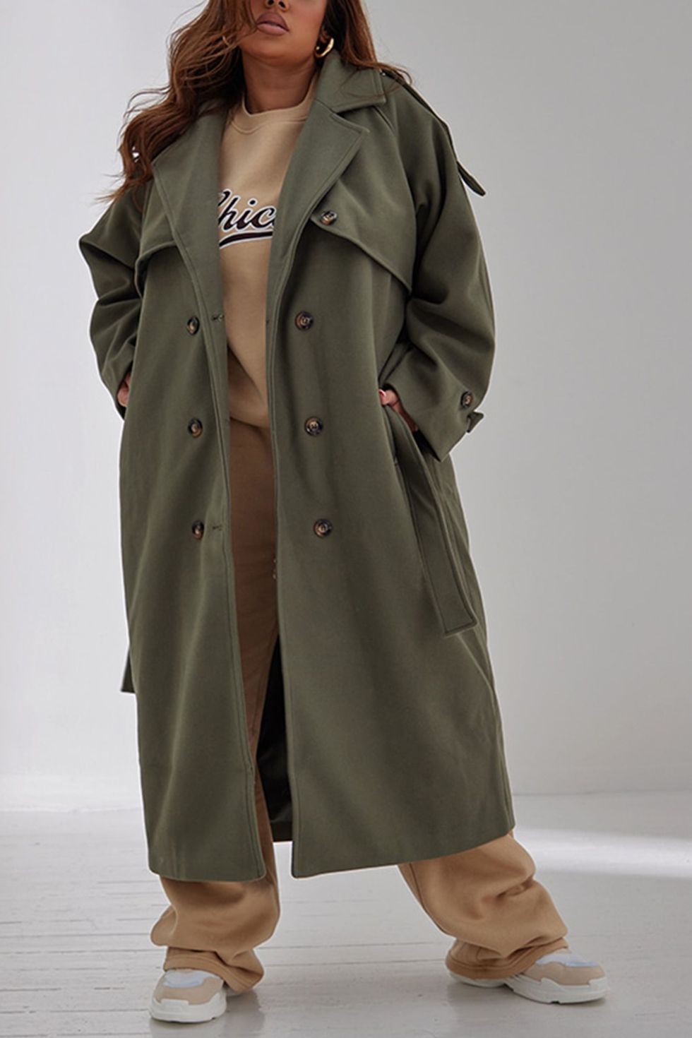Prettylittlething Women's Green Oversized Double Breasted Military Trim Coat - Size 10
