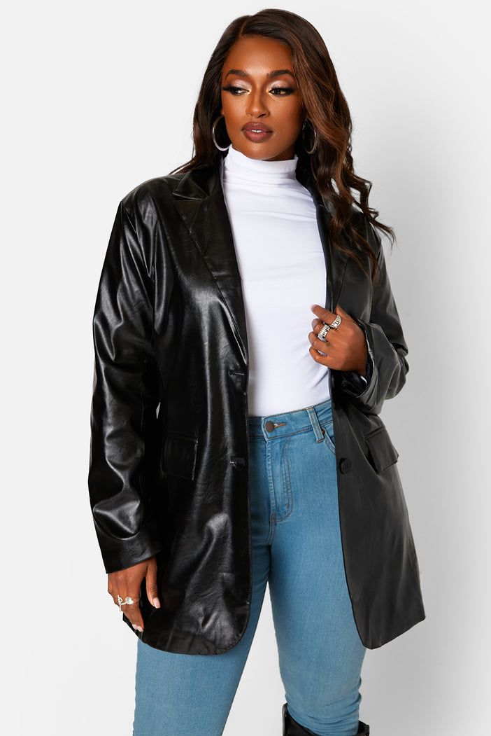 Over-sized Blazer And Jeans, The Coolest Faux Leather Blazer