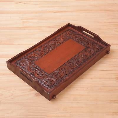 Hand Tooled Leather Wood Tray from Peru