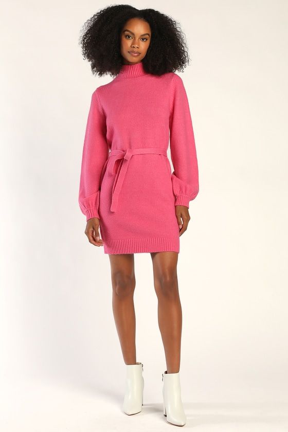 Hot Pink Mock Neck Sweater Dress