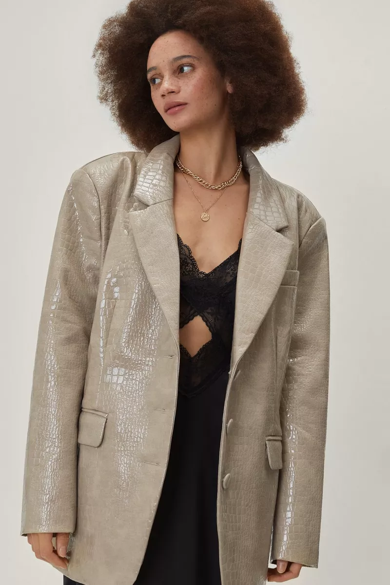 Nasty Gal Faux Leather Croc Embossed Oversized Blazer