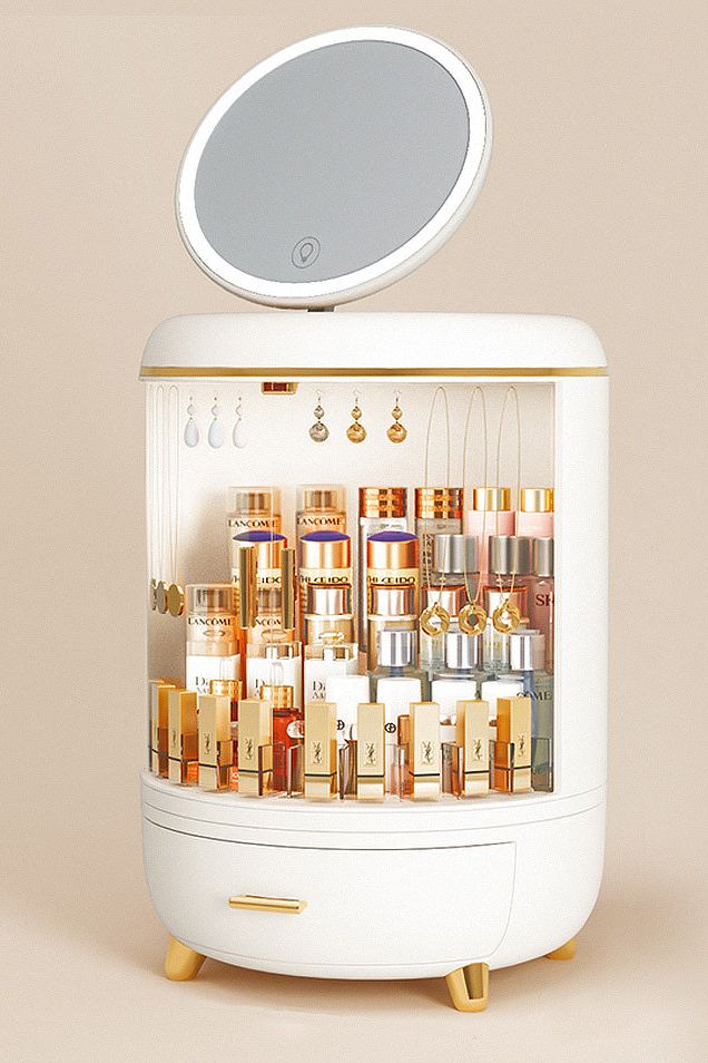 Round Makeup Storage Organizer Box with Mirror Led Light