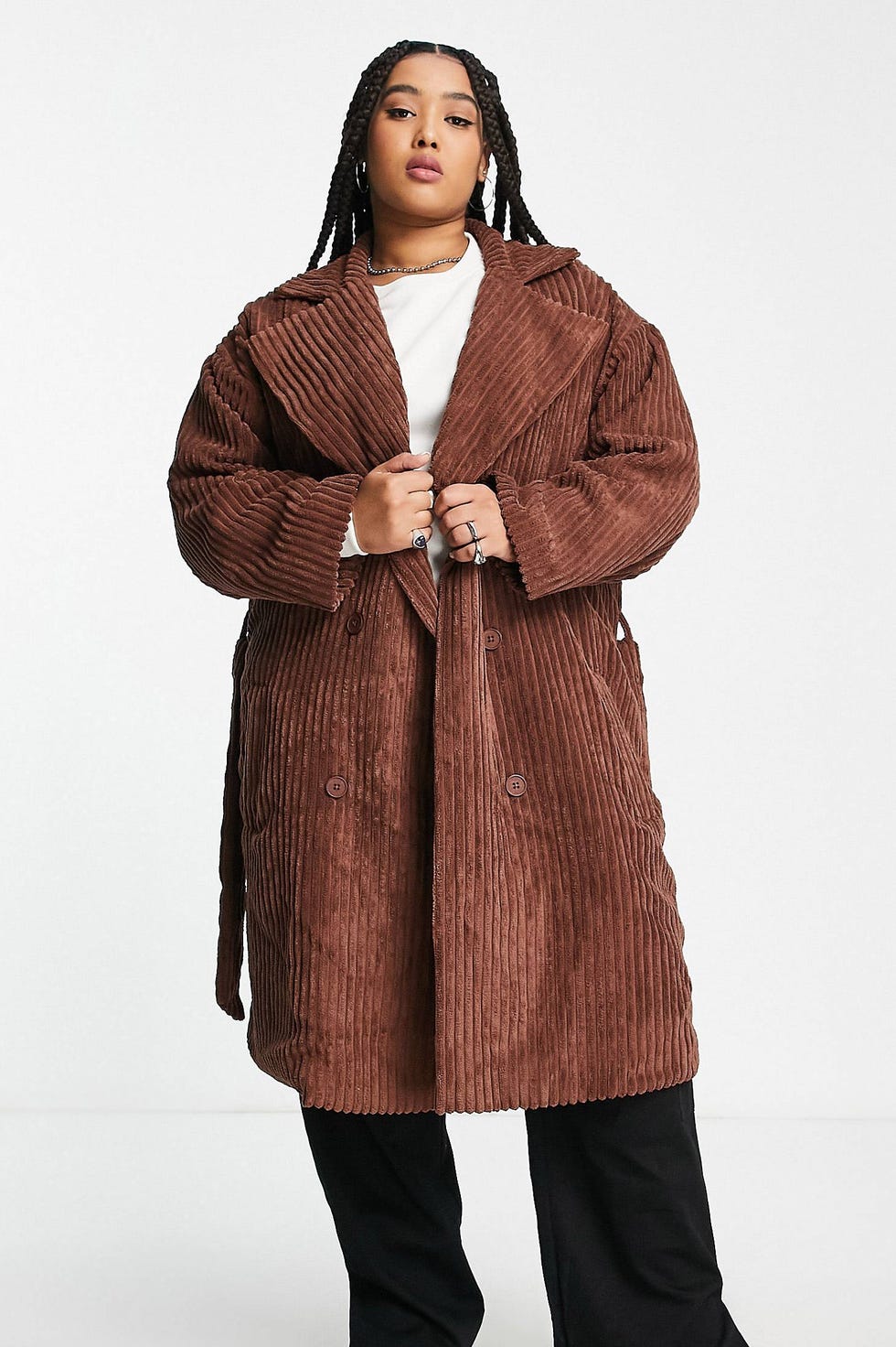 Daisy Street Plus Midi Corduroy Coat with Tie Wrap Waist 