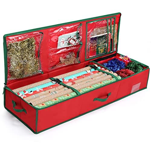 Christmas Wrapping Paper Storage Bag Gift Wrap Organizer Container w/  Pocket