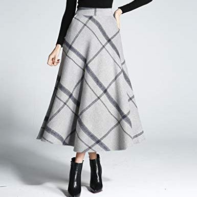 Wool Plaid A-Line Pleated Long Skirt