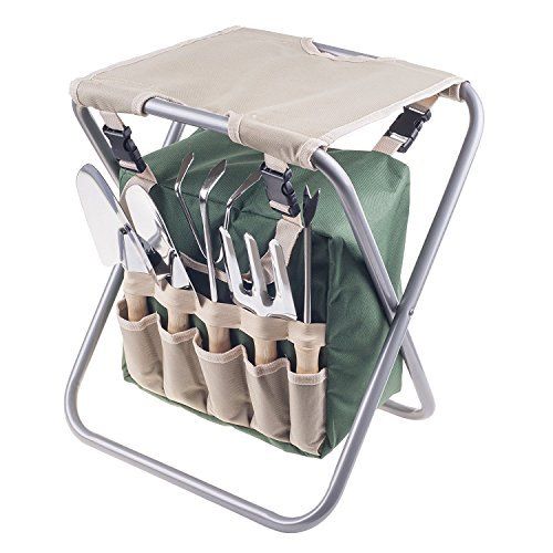 Folding Garden Stool With Storage Bag and 5-Piece Tool Set