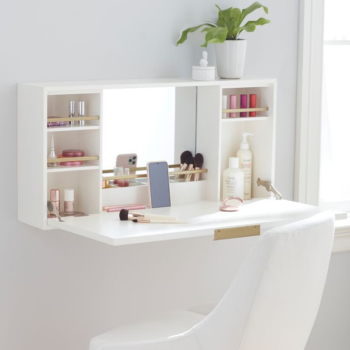 Modern Floating Makeup Vanity Set Wall Mounted Beauty Station with Side  Cabinet & Stool