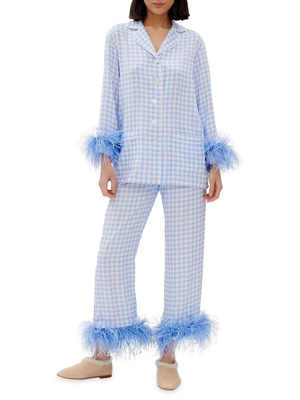 Feather-Embellished Gingham Pajama Set 