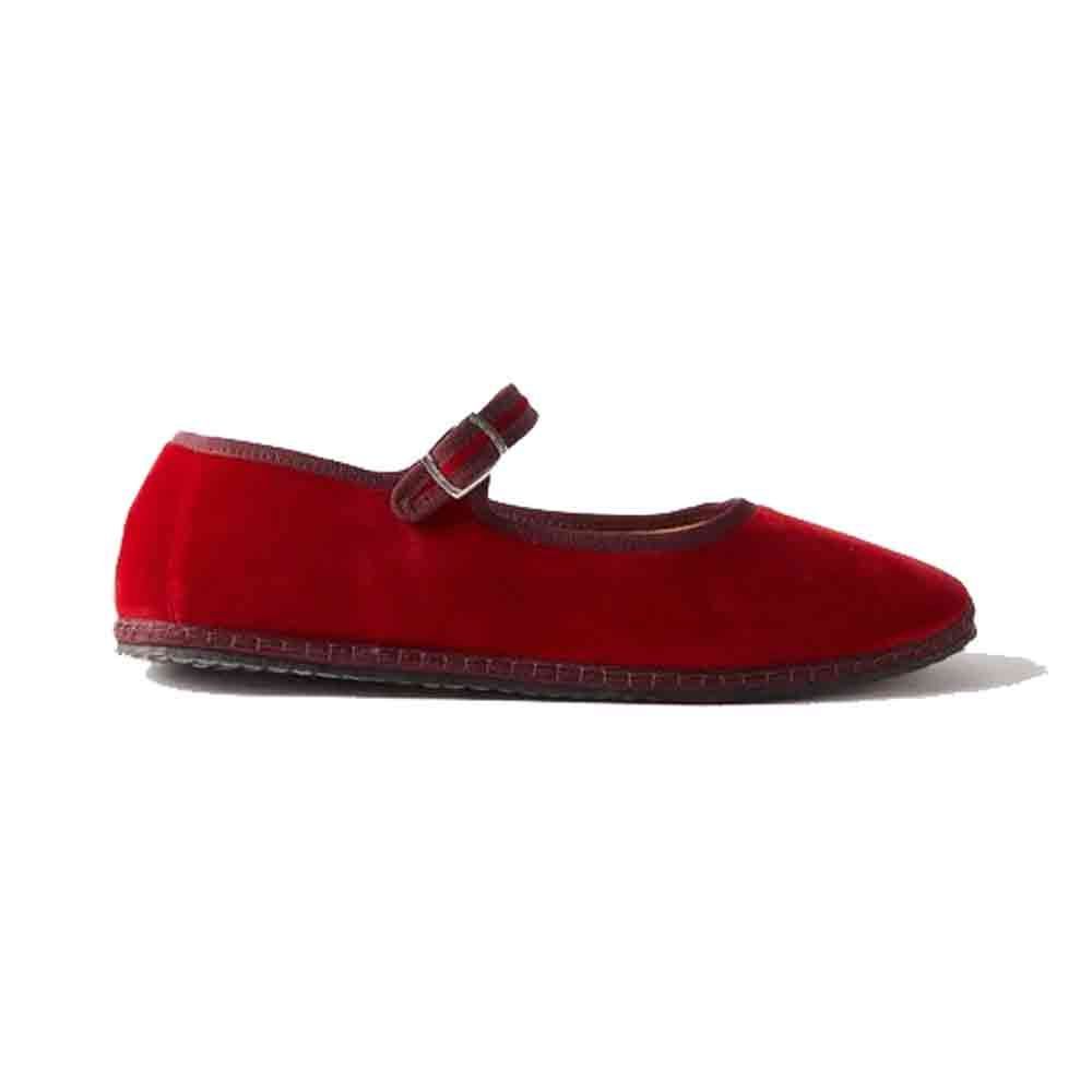 Rote Mary Jane Flats aus Samt mit Ziernähten 