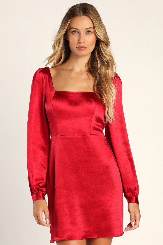 Got The Love Red Satin Square-Neck Mini Dress