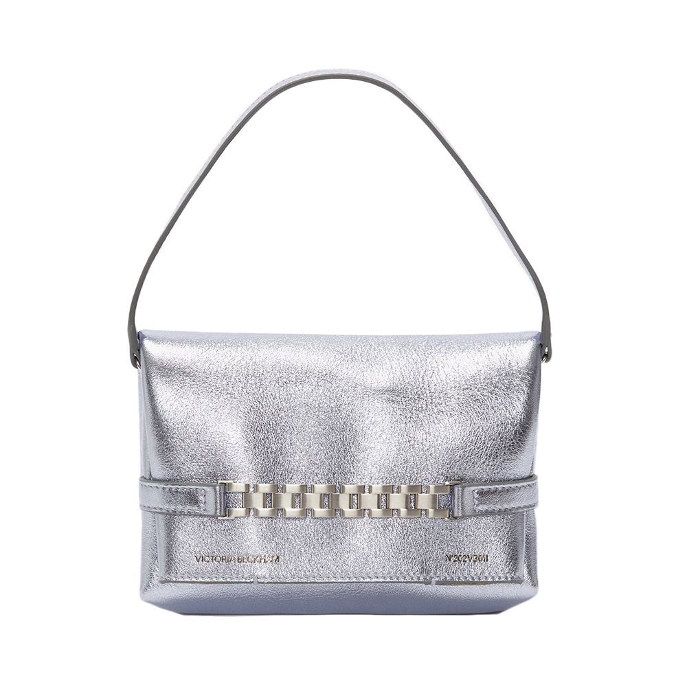 Mini bag with chain in metallic sky color leather