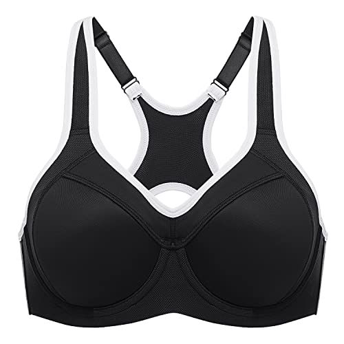Womens Full Support High Impact Racerback Lightly Lined Underwire Sports  Bra Black 32F
