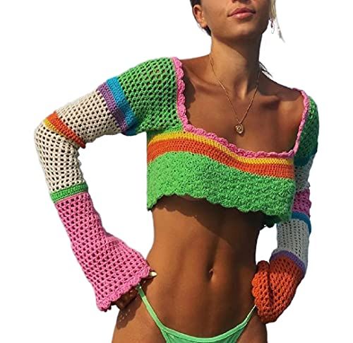 Crochet Knit Mesh Sweater Square Neck Long Sleeve