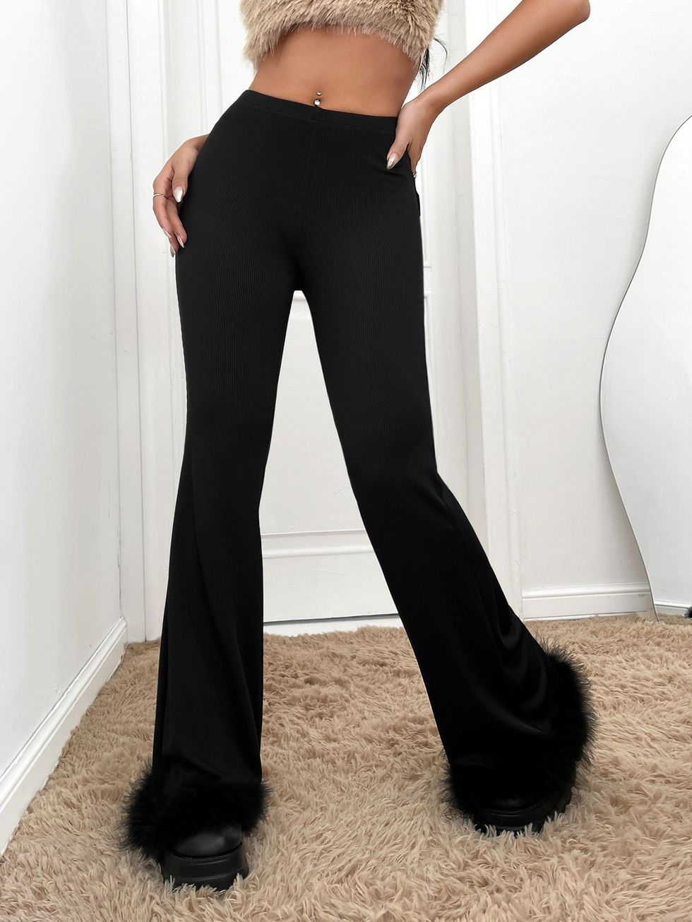 Fuzzy Trim Flare Leg Pants Without Chain Belt