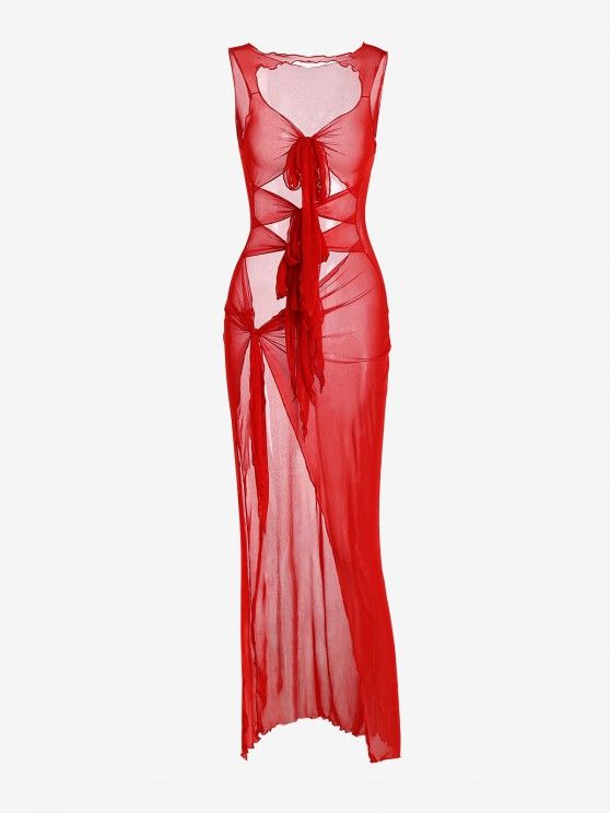 High Slit Solid Color Sleeveless See Through Dress