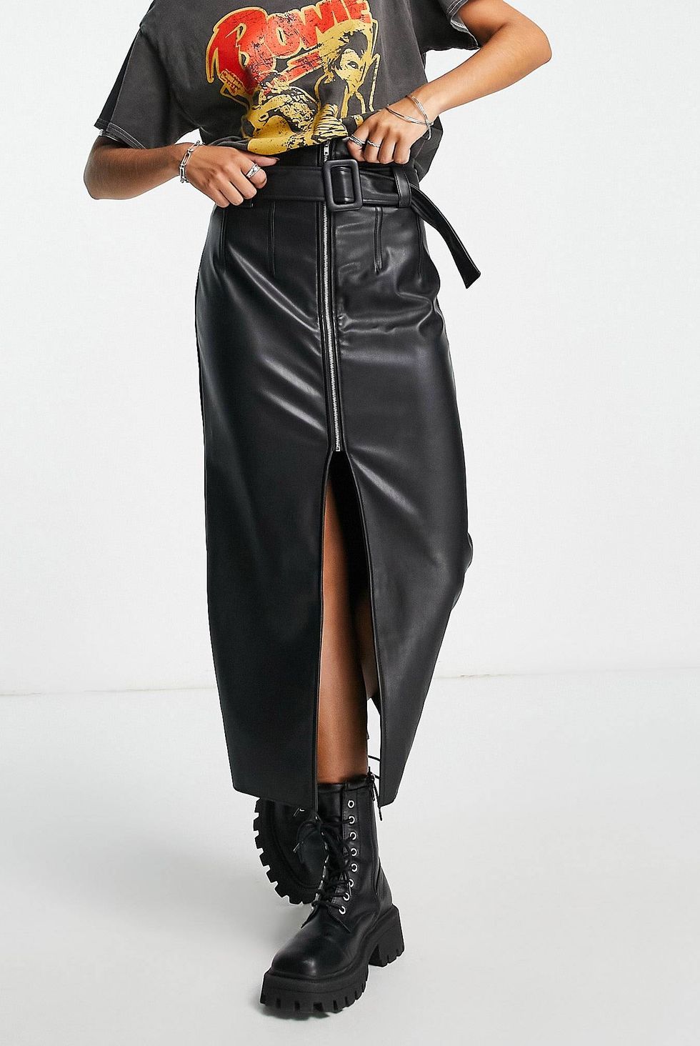 ASOS Design Faux-Leather Belted Midi Skirt