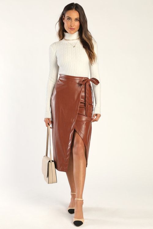 Lulus Effortless Class Vegan Leather Faux Wrap Midi Skirt