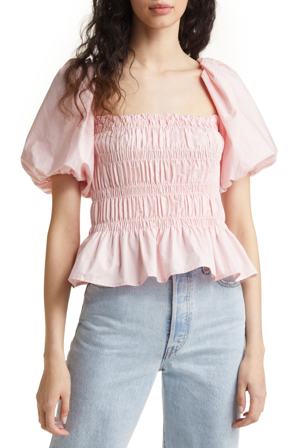 Astr the Label Bubble-Sleeve Smocked Blouse