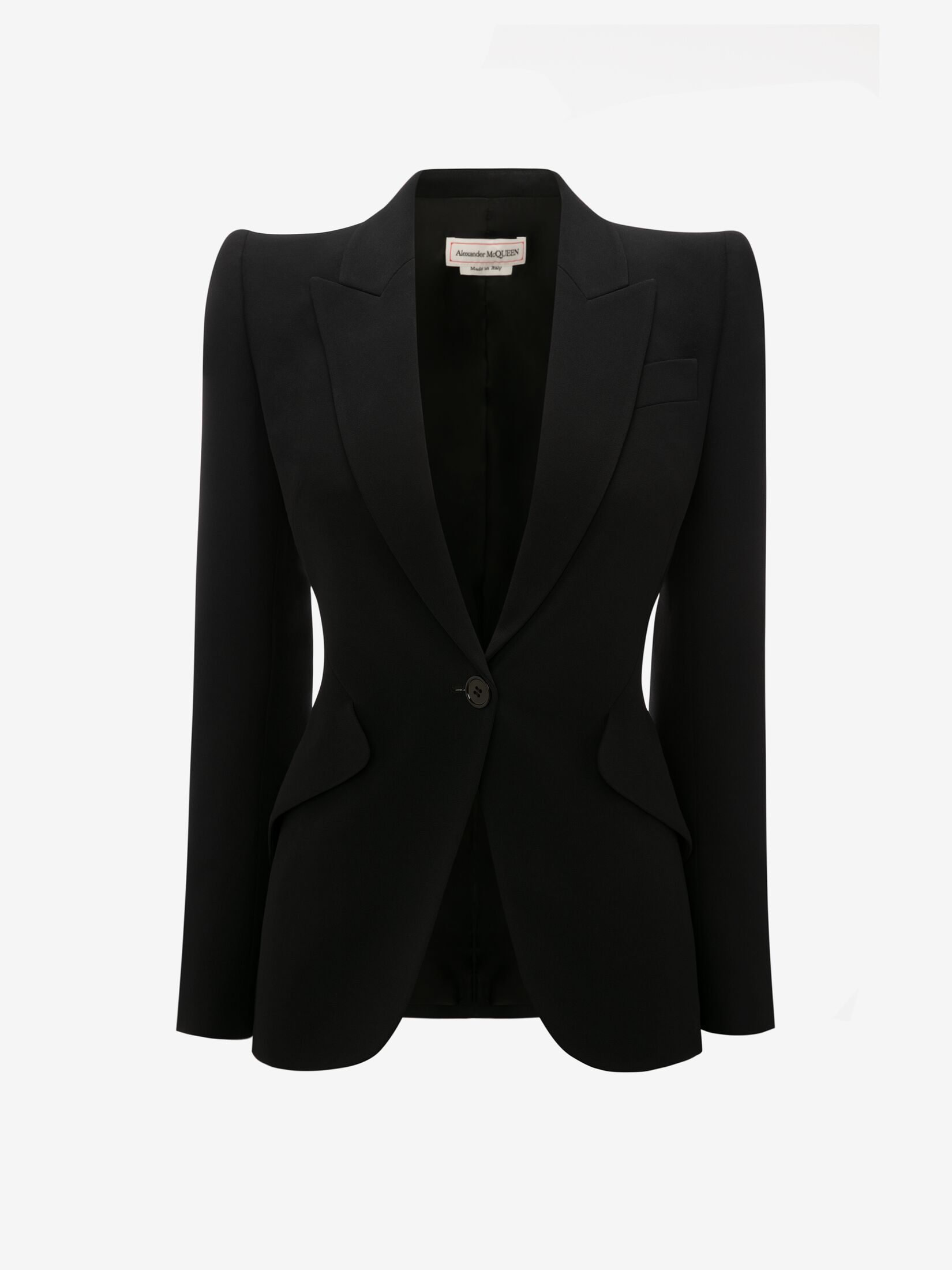 Women's black crepe jacket with a peak on the shoulders