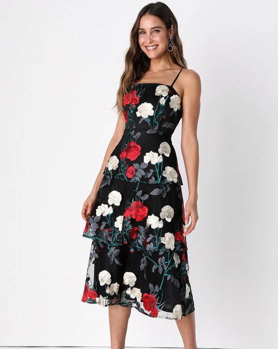 Forever Lovable Black Floral Embroidered Tiered Midi Dress