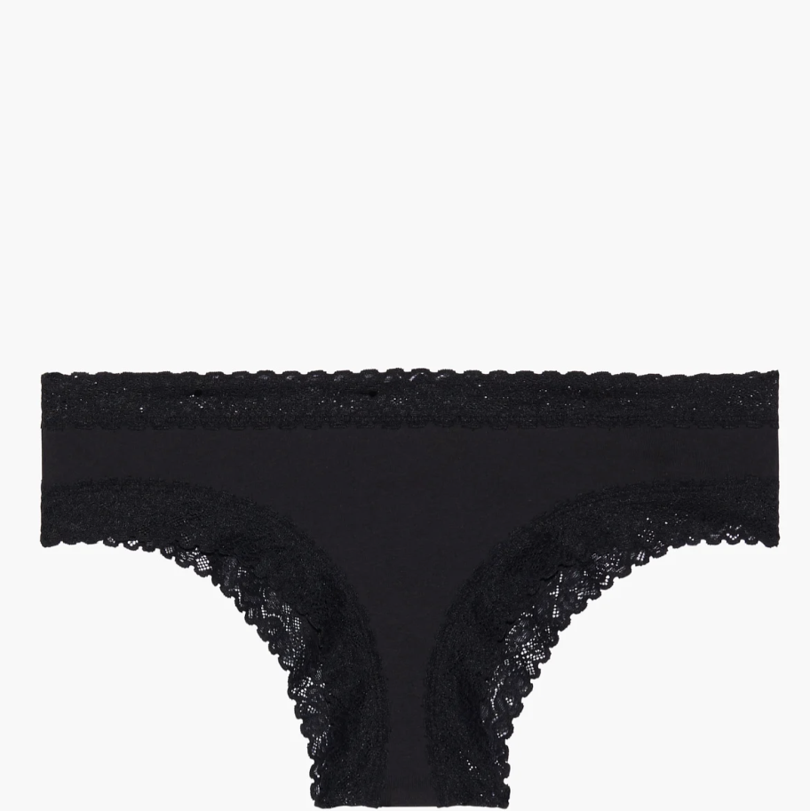 Cotton Essentials Lace-Trim Thong Panty in Black