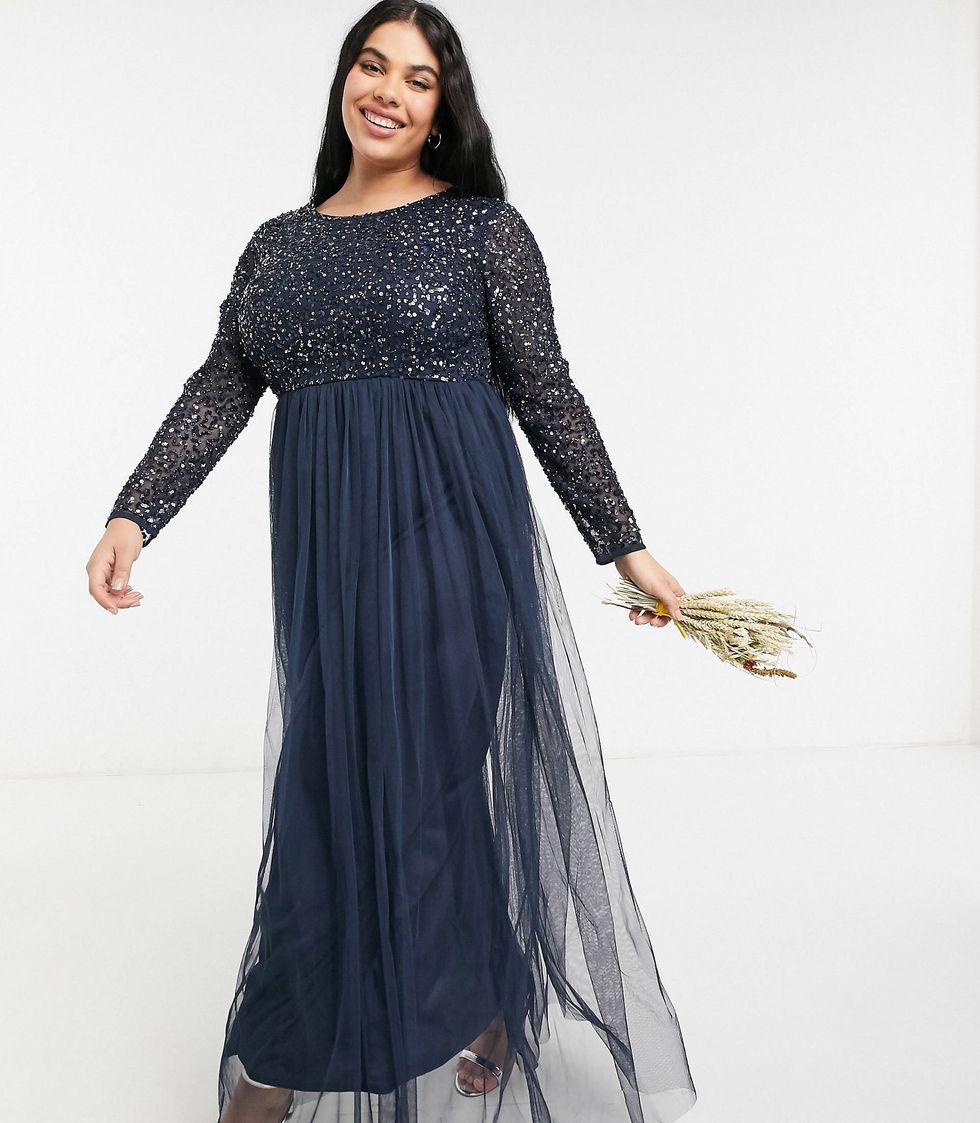 Maya Long Sleeve Maxi Tulle Dress With Tonal Delicate Sequins