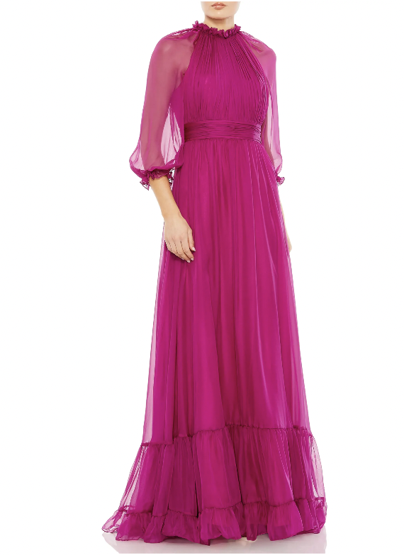 Illusion Sleeve Gathered Chiffon A-Line Gown