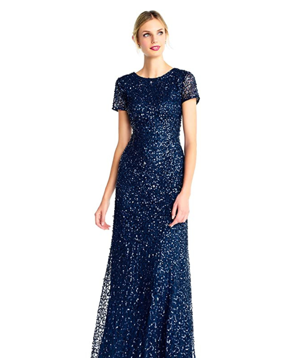 Short-Sleeve All Over Sequin Gown