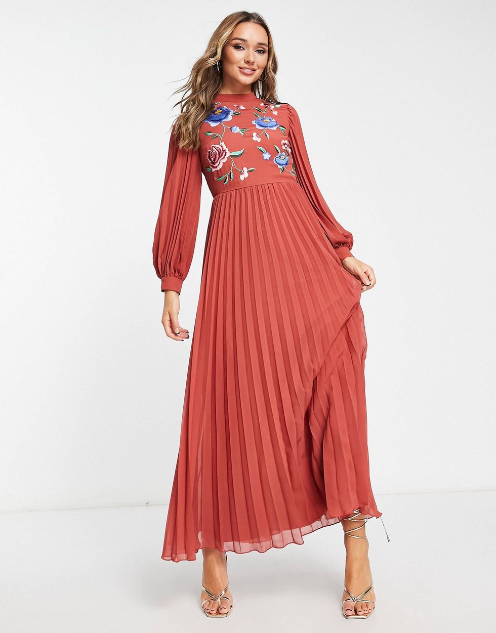 High Neck Pleated Embroidery Maxi Dress in Rust