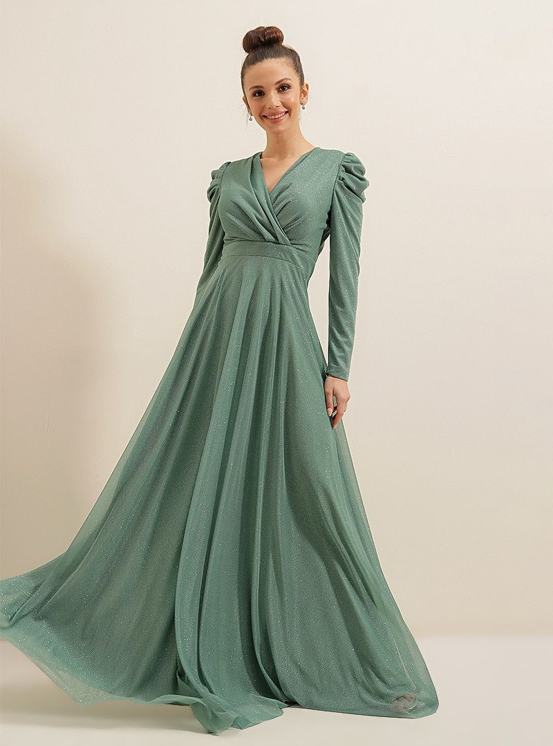Mint Long Sleeve Evening Dress