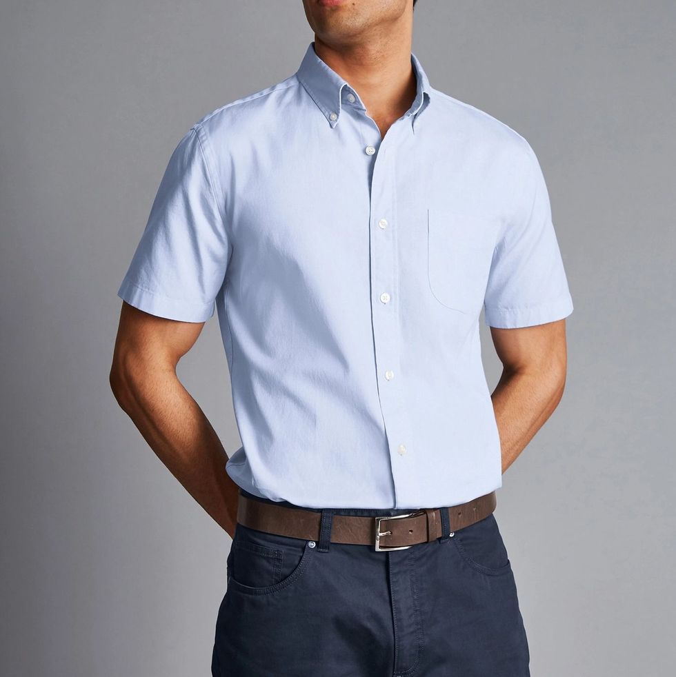 Button-Down Collar Washed Oxford Short Sleeve Shirt