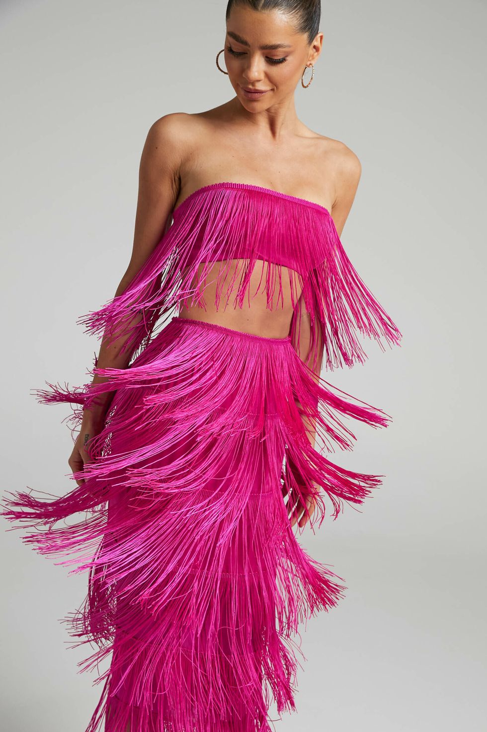 Amalee Fringe Strapless Crop Top and Midi Skirt 