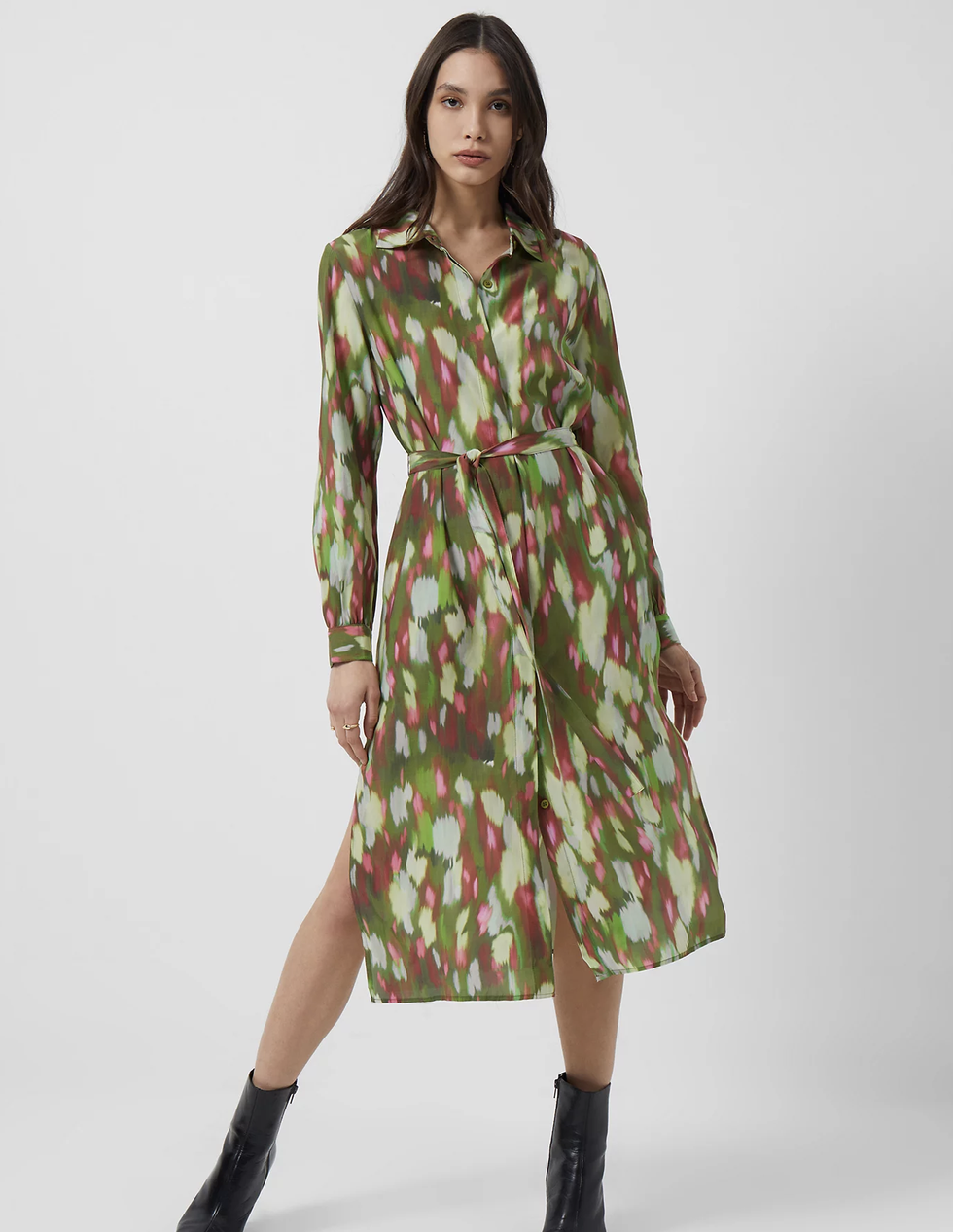 Printed Button Front Midi Shirt Dress