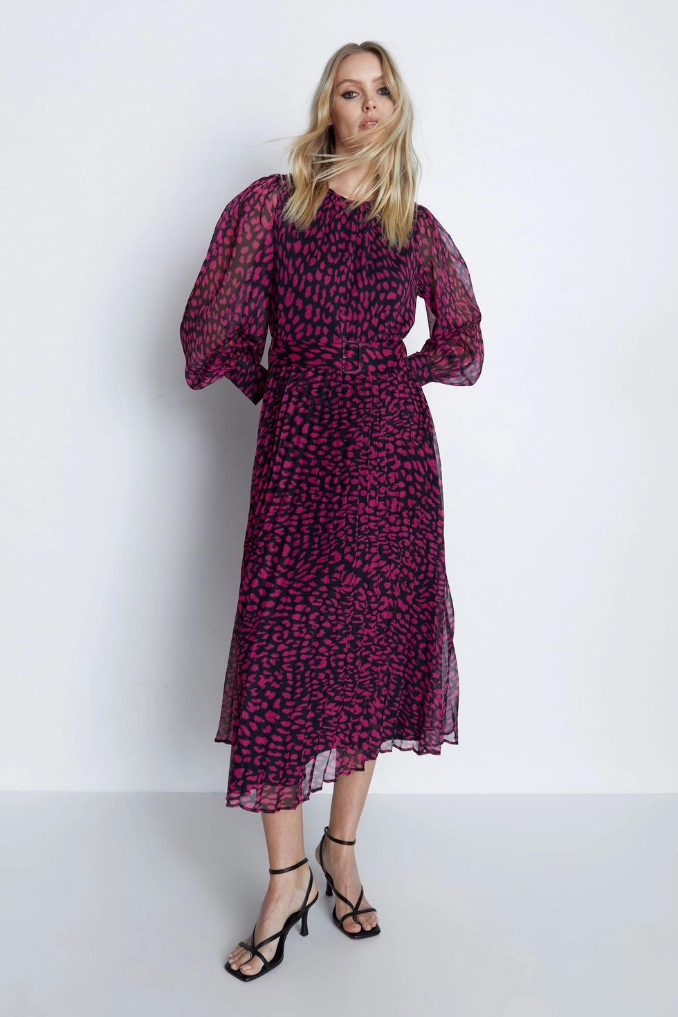 Animal Pleated Belted Midi Dress