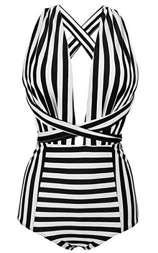COCOSHIP Black & White Striped Fashion One Piece V-Neck Swimsuit Bather High Waisted Criss Cross Swimwear Monokini M(US6)
