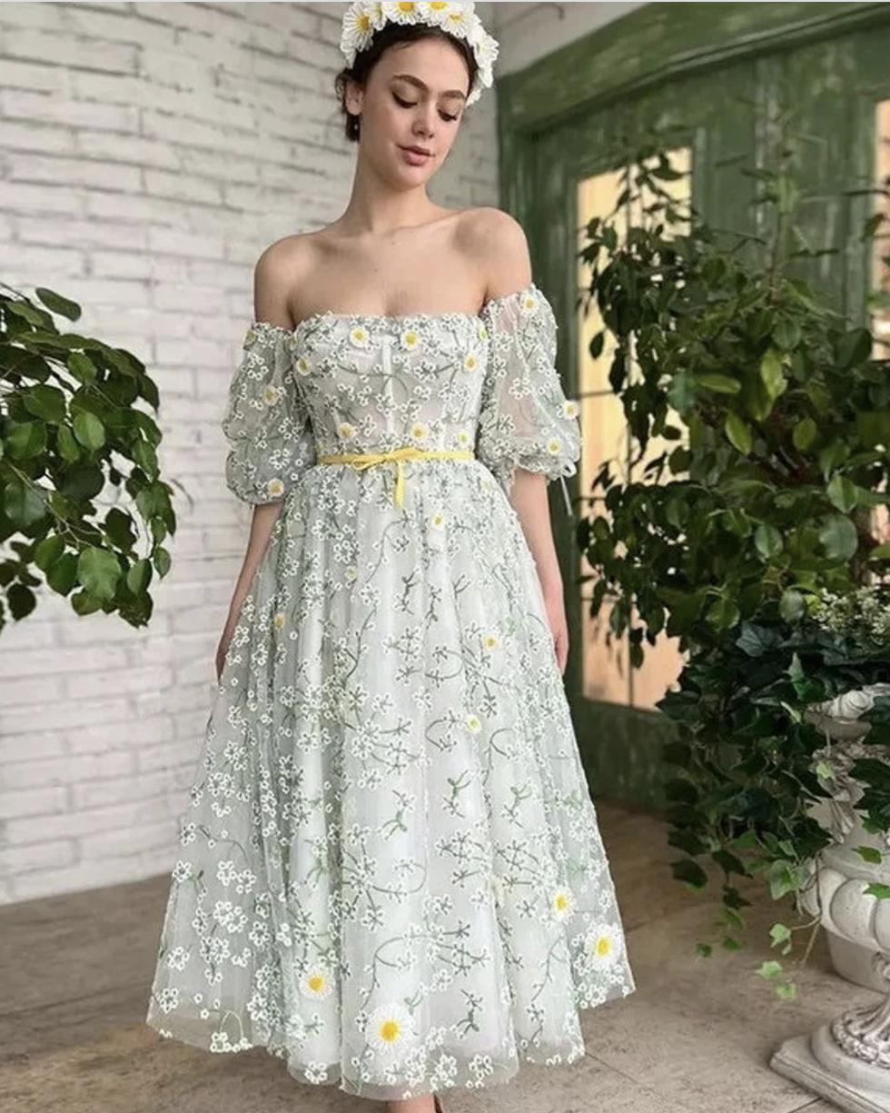 Daisy Chain Flower Embroidery Neck Dress 