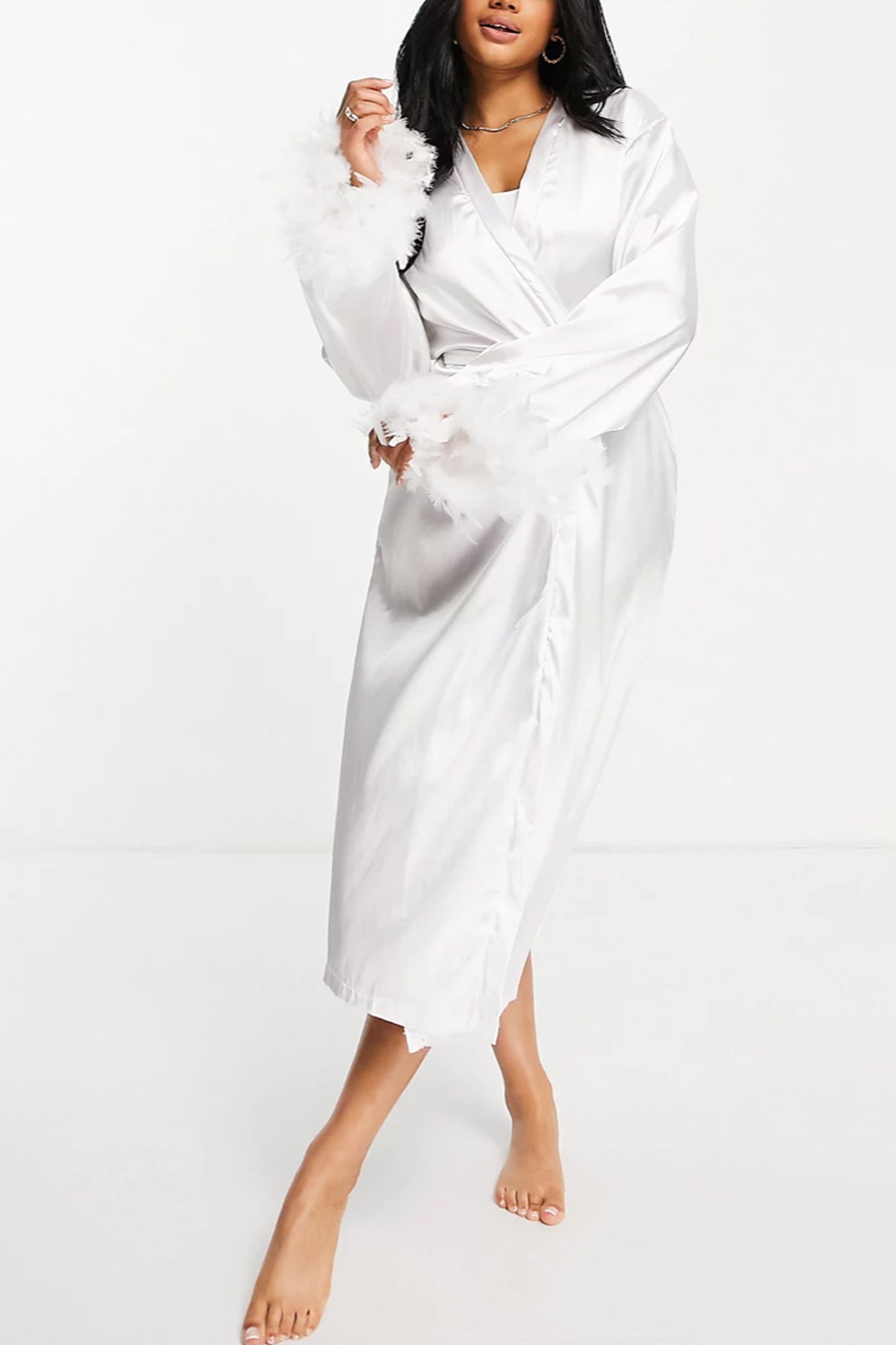Night Satin Robe with Detachable Feather Trim