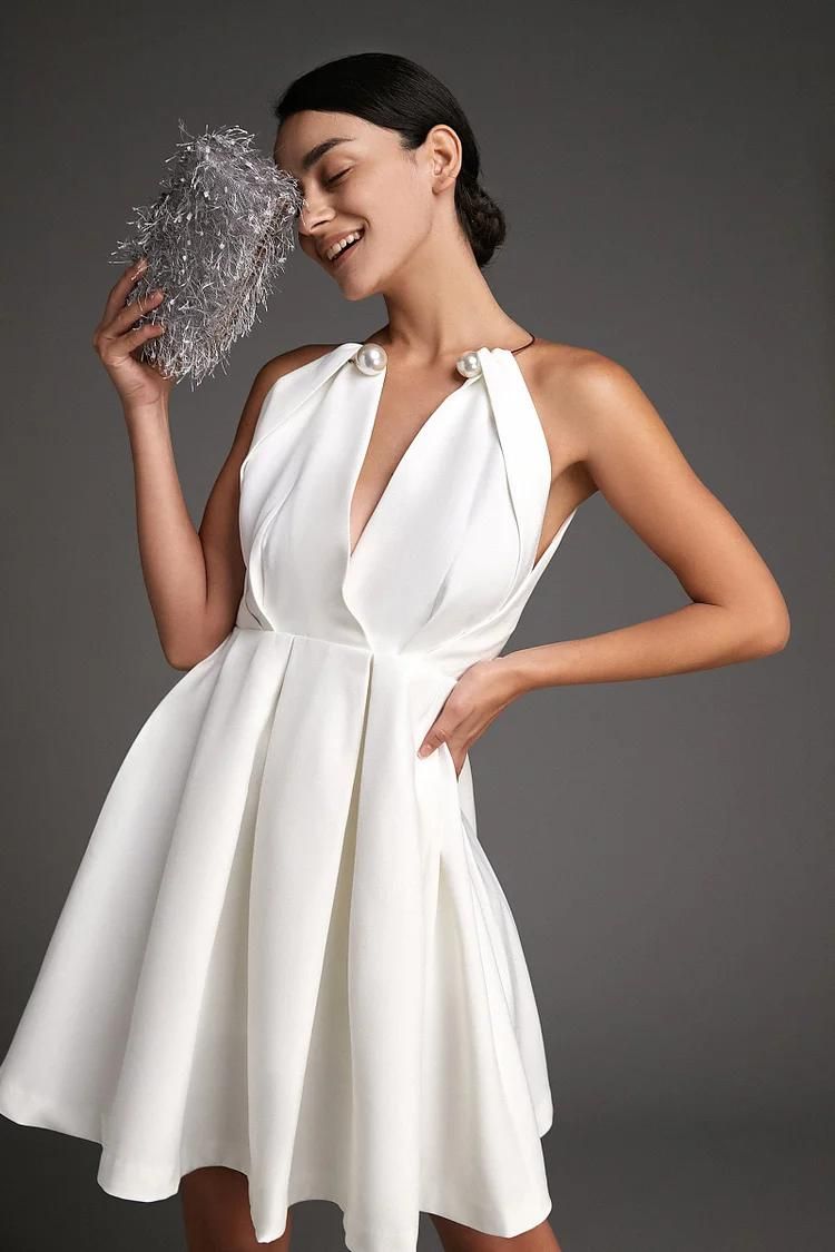 White Sleeveless Ring Halter Mini Dress