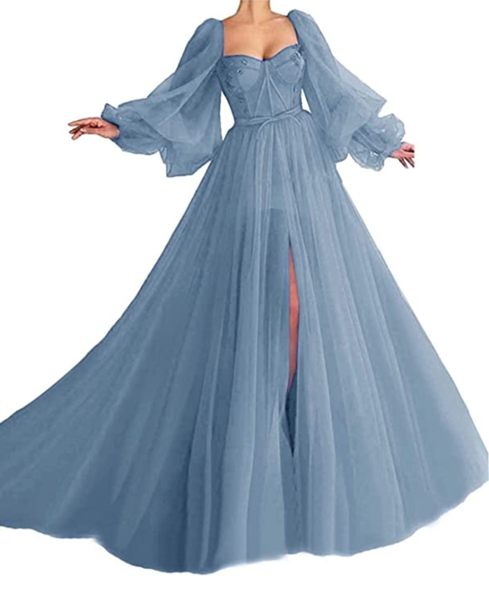 Dusty Blue Puffy Sleeve Tulle Prom Dress