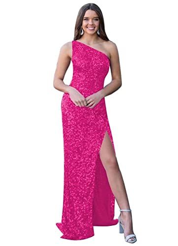 Hot Pink Sequin One Shoulder Formal Dress 